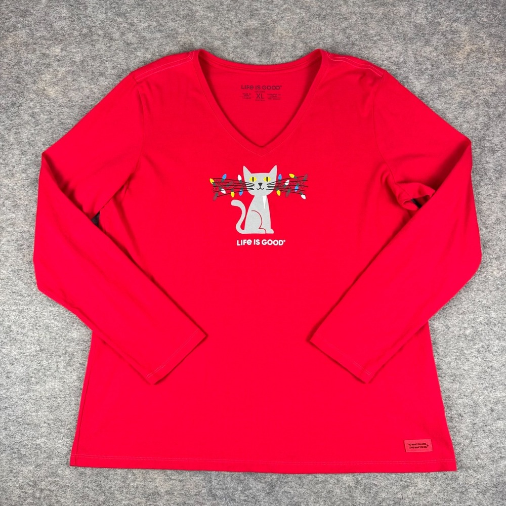 Life Is Good Crusher Tee Long Sleeve V-Neck Christmas Lights Cat Red Womens XL